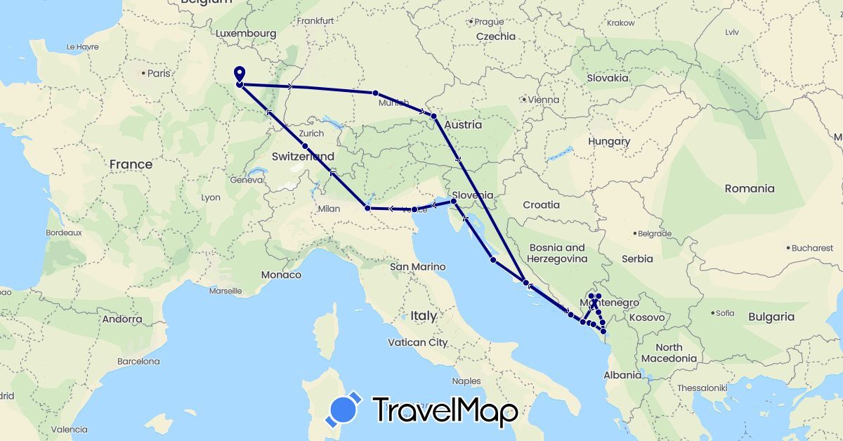 TravelMap itinerary: driving in Austria, Switzerland, Germany, France, Croatia, Italy, Montenegro (Europe)
